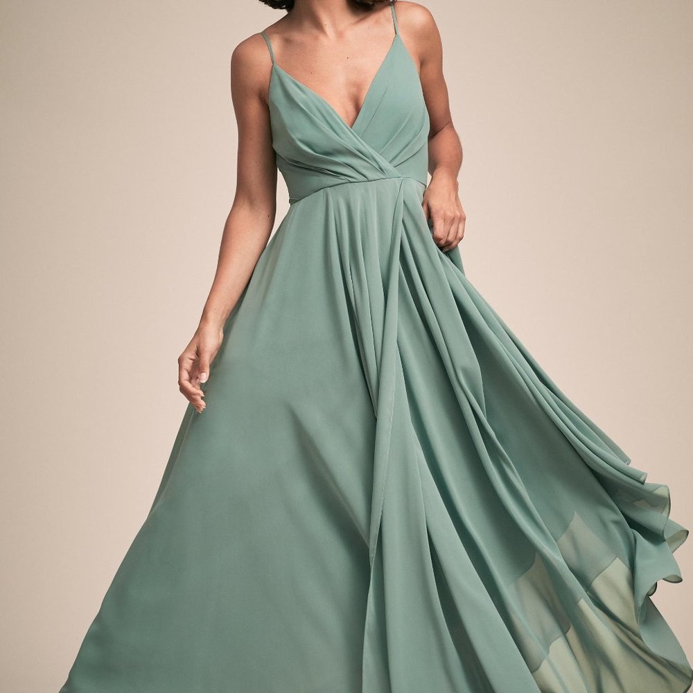 BHLDN Sage Green Spaghetti Strap Wrap-Style Wedding Dress